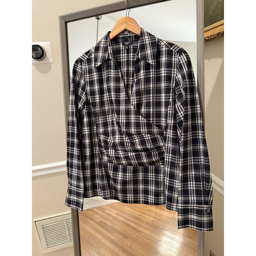 Talbots Black White Gingham Print Front Wrap Shirt Womens Long Sleeve Size 14 P
